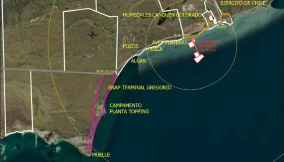 El mapa forma parte de la presentación contraria al puerto y muestra las áreas que según los reclamantes serían afectadas por la construcción.